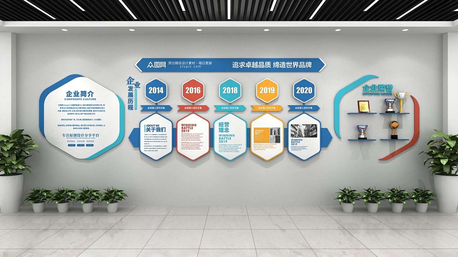 六邊形蜂窩造型發(fā)展歷程文化墻模板定制(圖1)